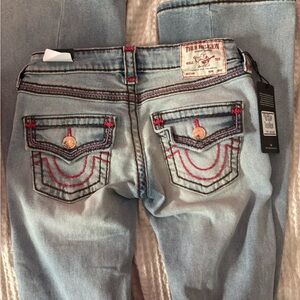 True Religion Women's Light Blue Jeans with Red Stitching
